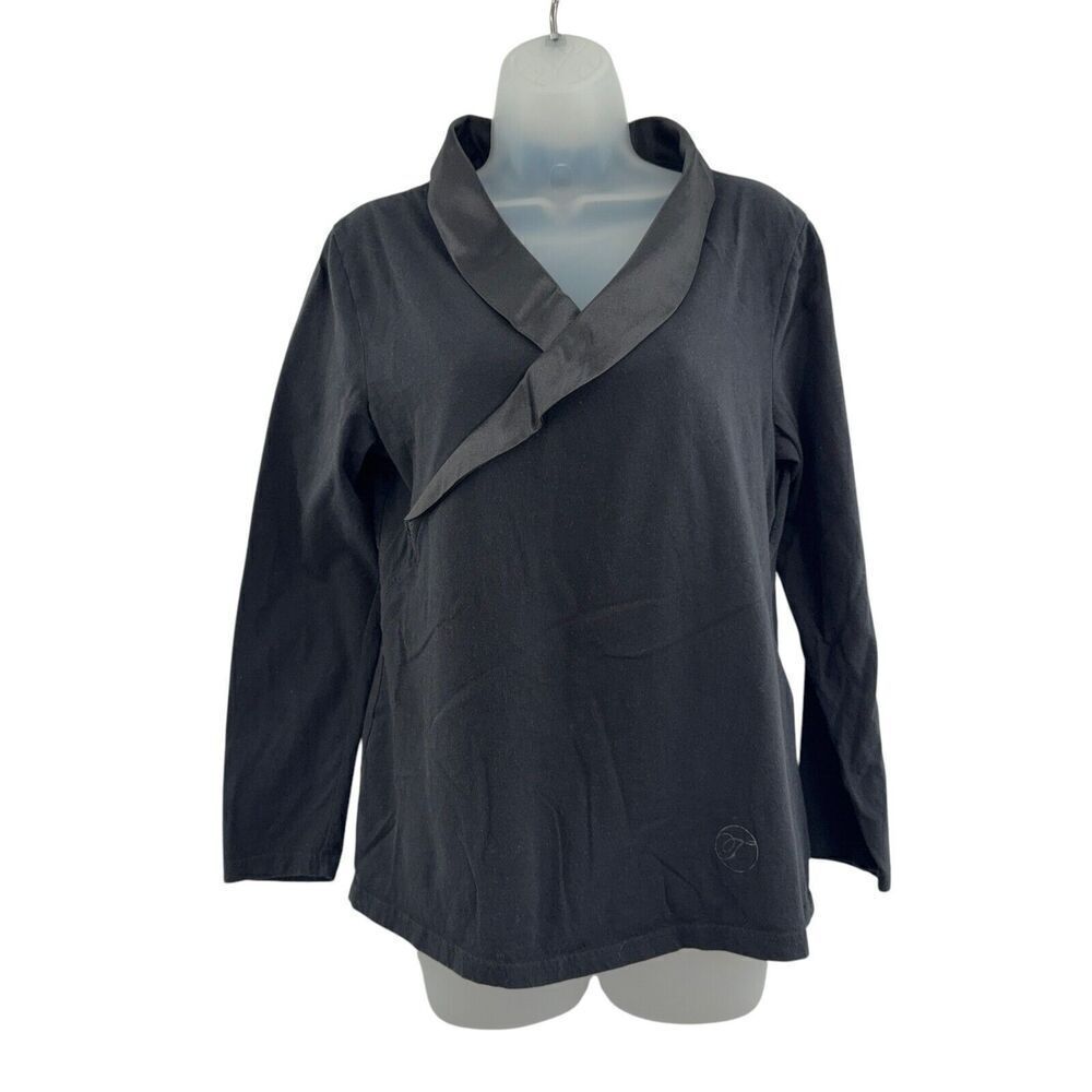 Temperley London M Black Satin Collar Scoop Cotton T Shirt Top Long Sleeve